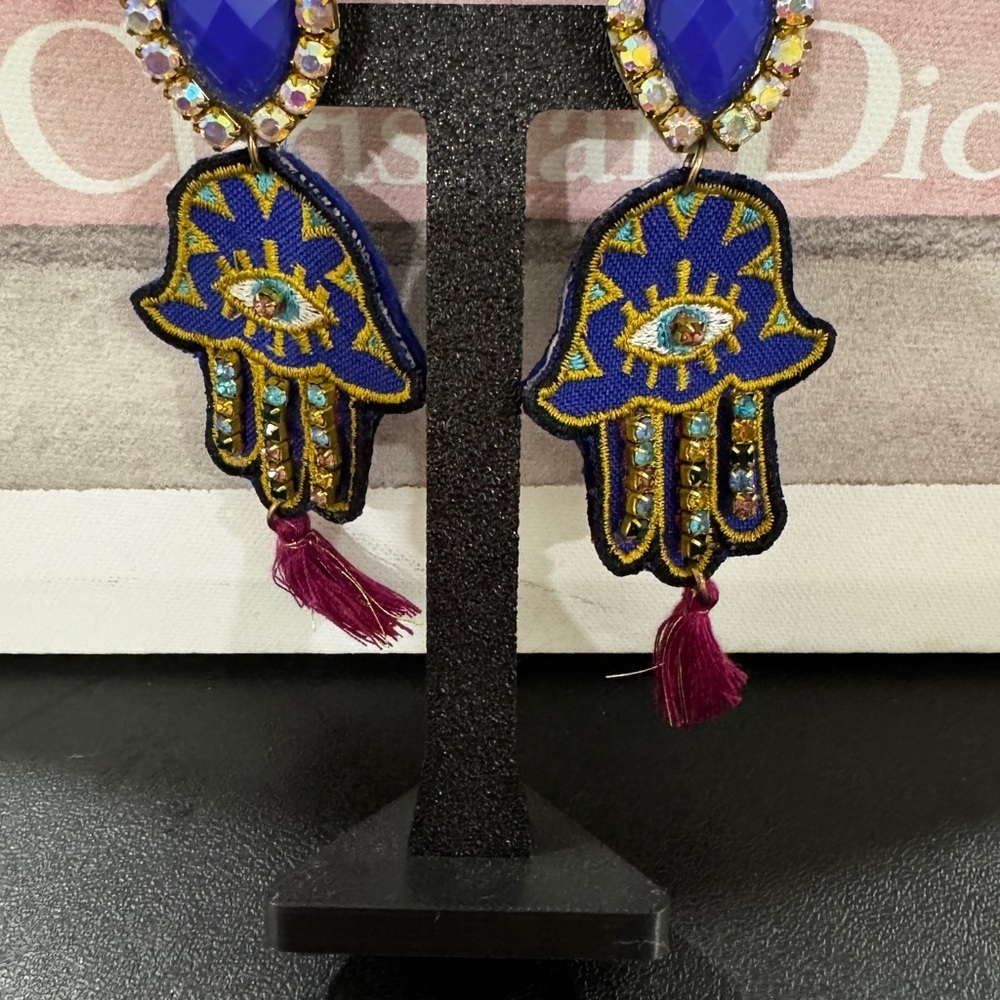 Handmade Hamsa Evil Eye Earrings Embroidered Blue Gold Crystal Tassel Dangles - Picture 2 of 5